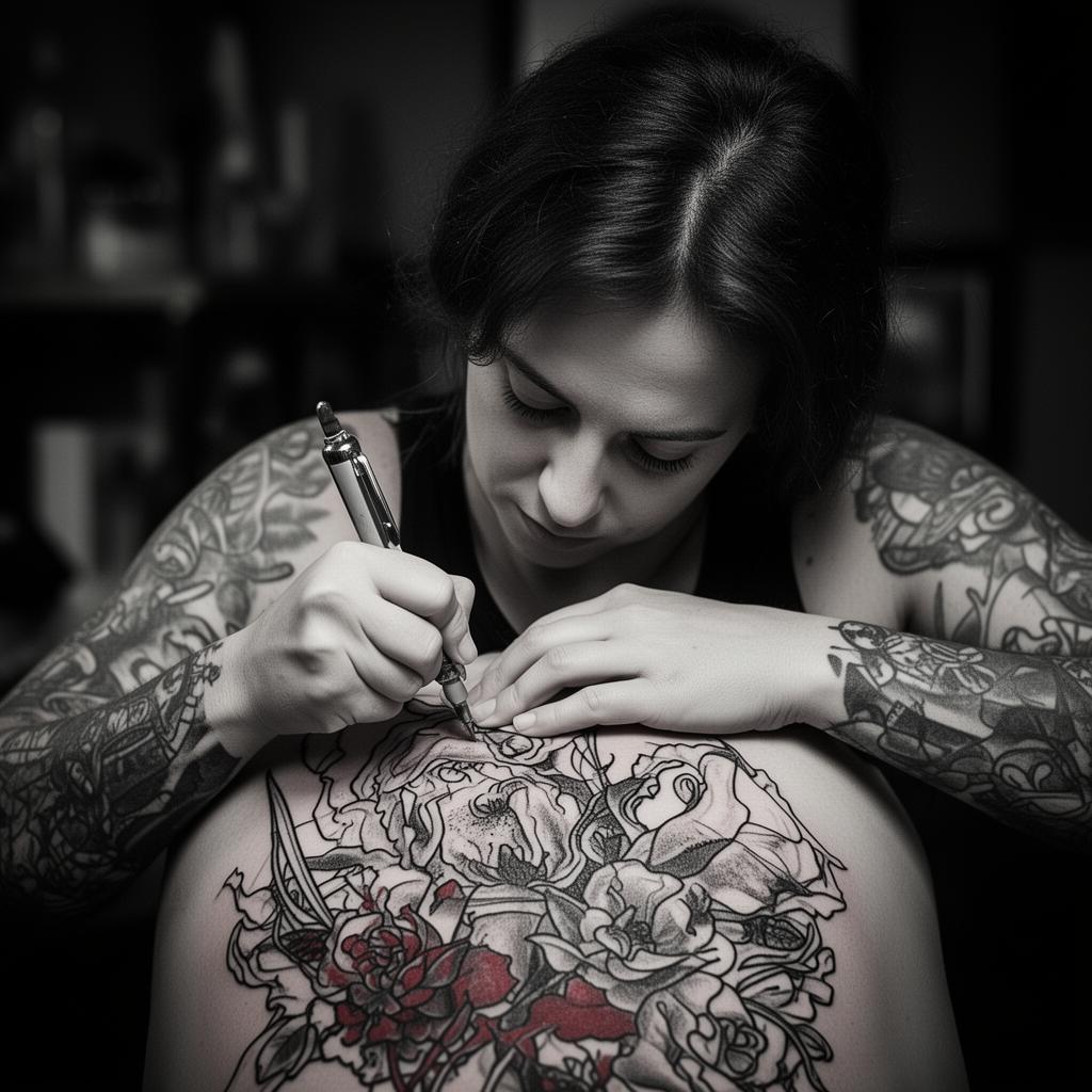 Portrait of a tattoo artist working on a back piece