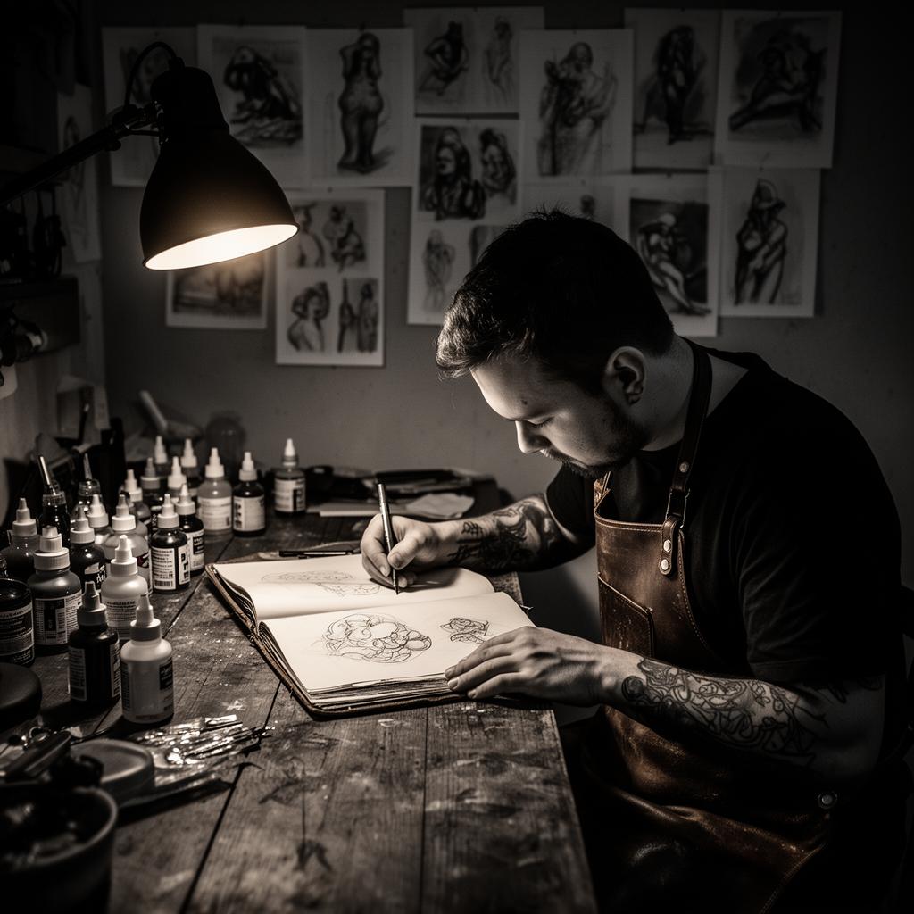Tattoo artist sketching designs by lamplight