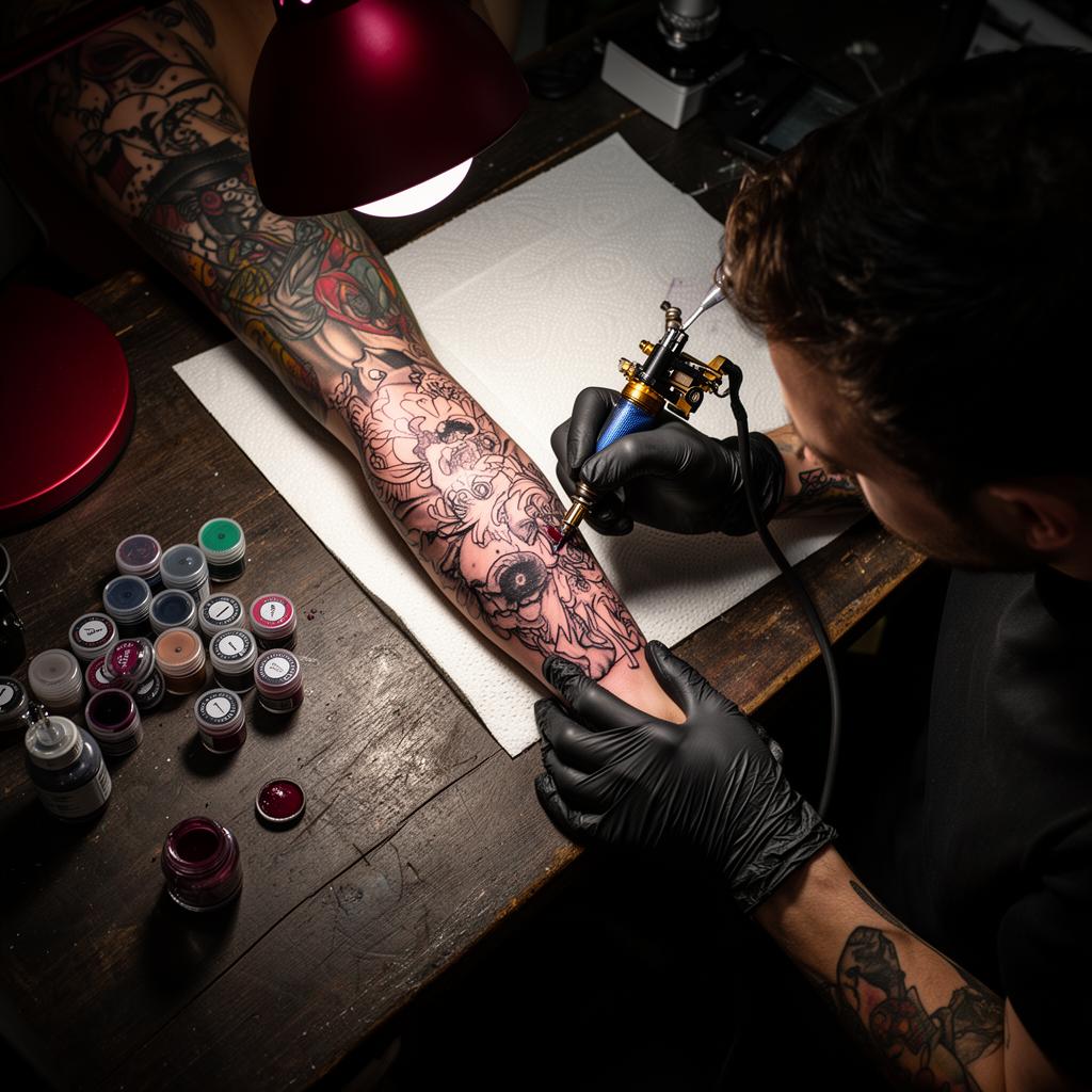 Overhead shot of a tattoo artist tattooing a sleeved arm